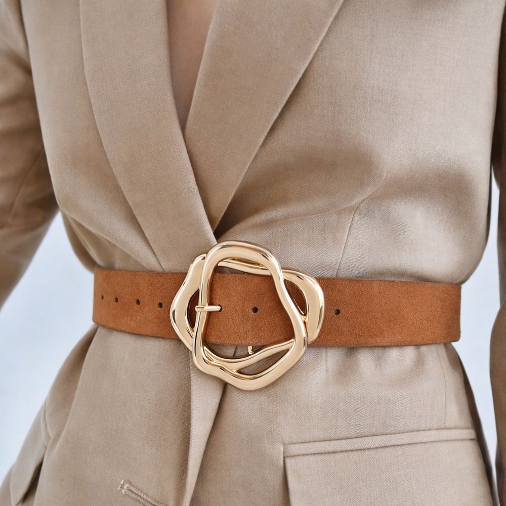 Suede Abstract Buckle Belt - Camel